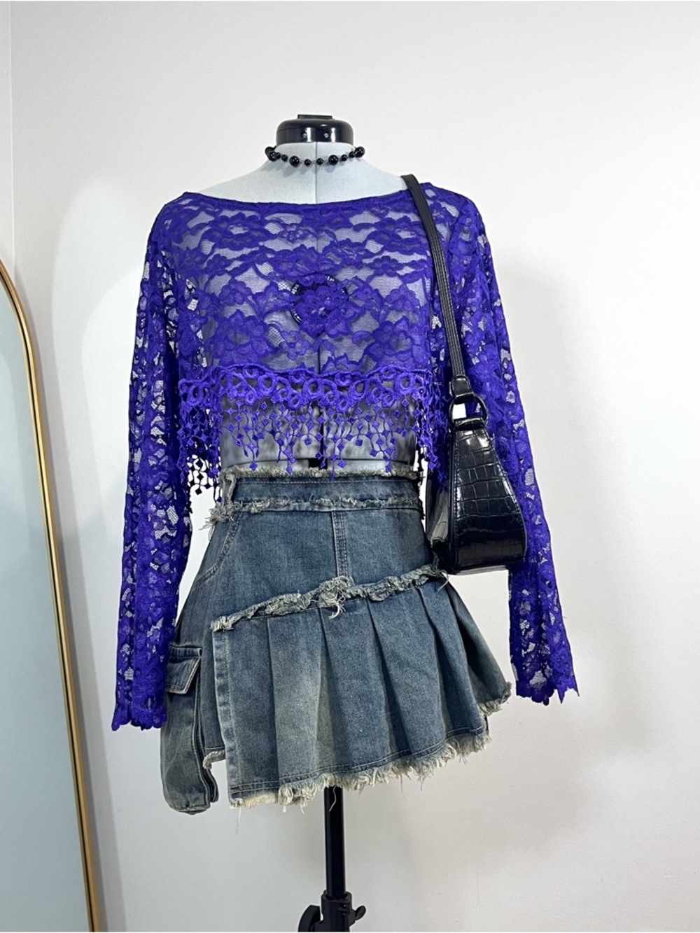 Weekend 90s Cropped Purple Sheer Mesh Long Sleeve Top